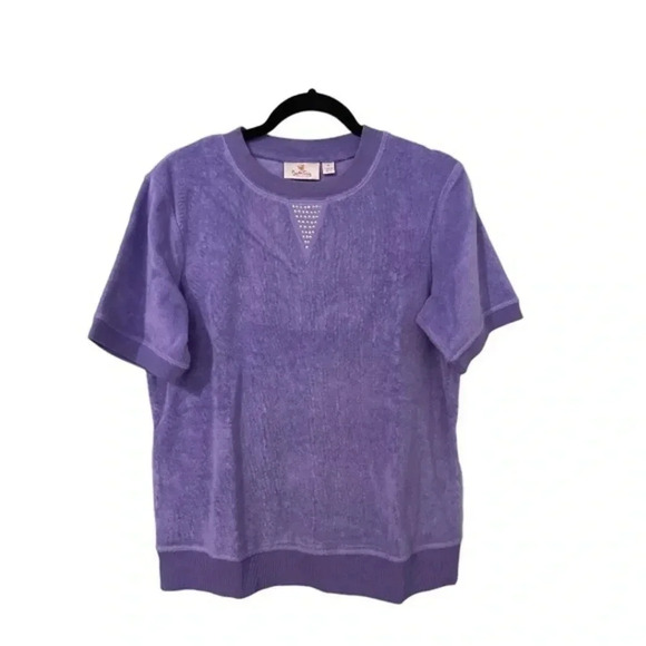 Quacker Factory Sweater Women’s Medium Purple Short Sleeve Terry Cloth Studded - Picture 1 of 9